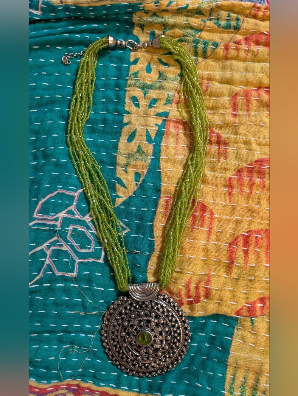 Green Beaded Statement Necklace with Silver Pendant